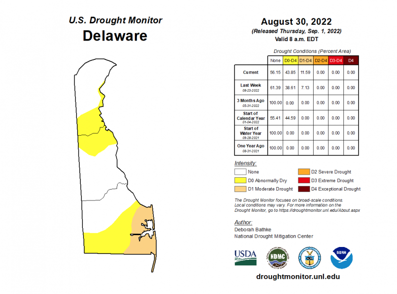 U.S. Drought Monitor shows the areas of Delaware in a drought. The Cape Region and areas of southeast are the driest in the state. SCREENSHOT